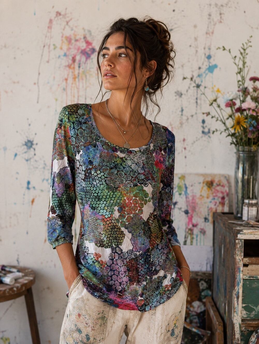 Snoskins Bubble Dot Abstract Blouse Colorful Creative Artsy Wearable Art Size XS